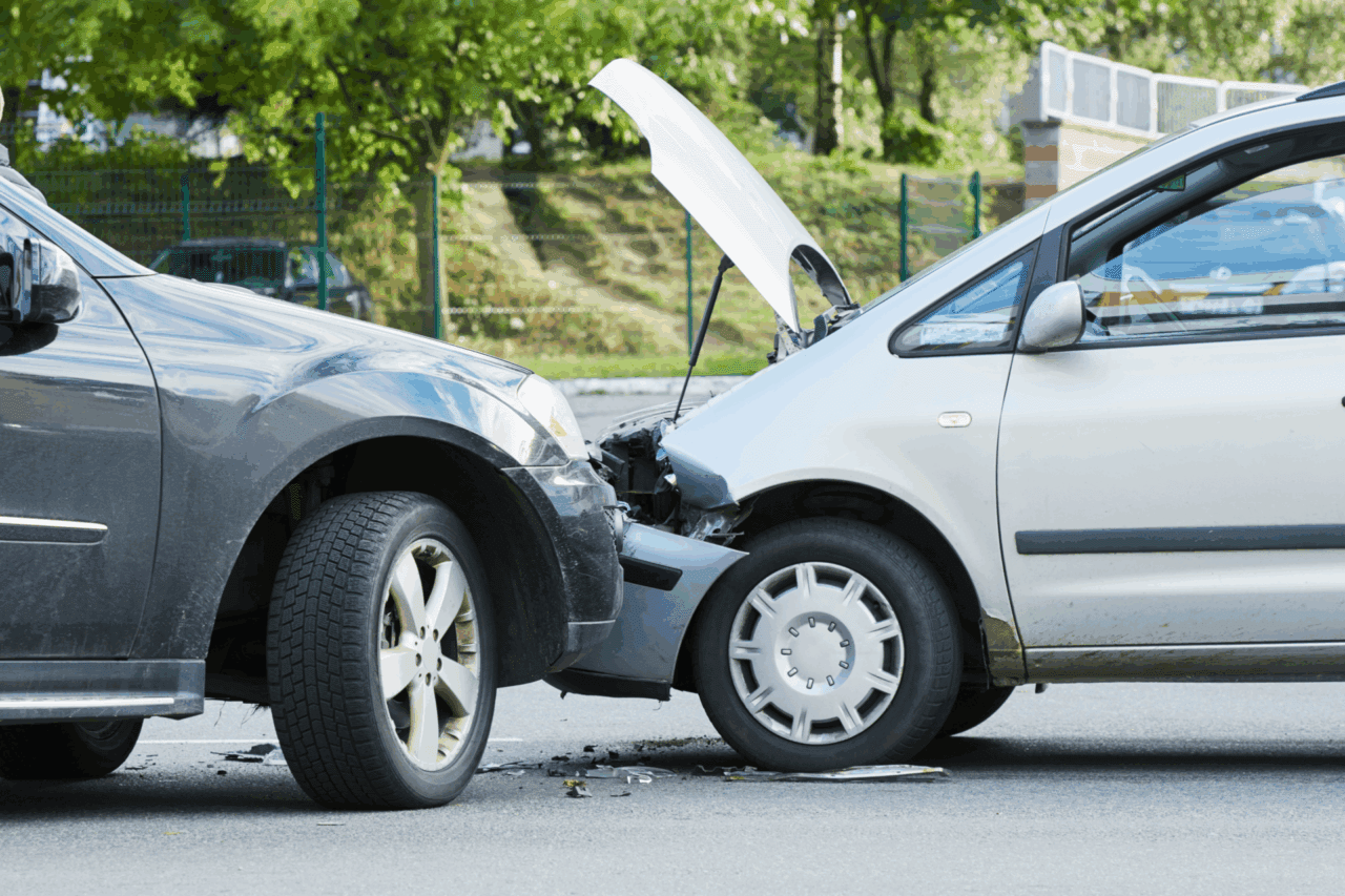 Two vehicles in a head-on collision