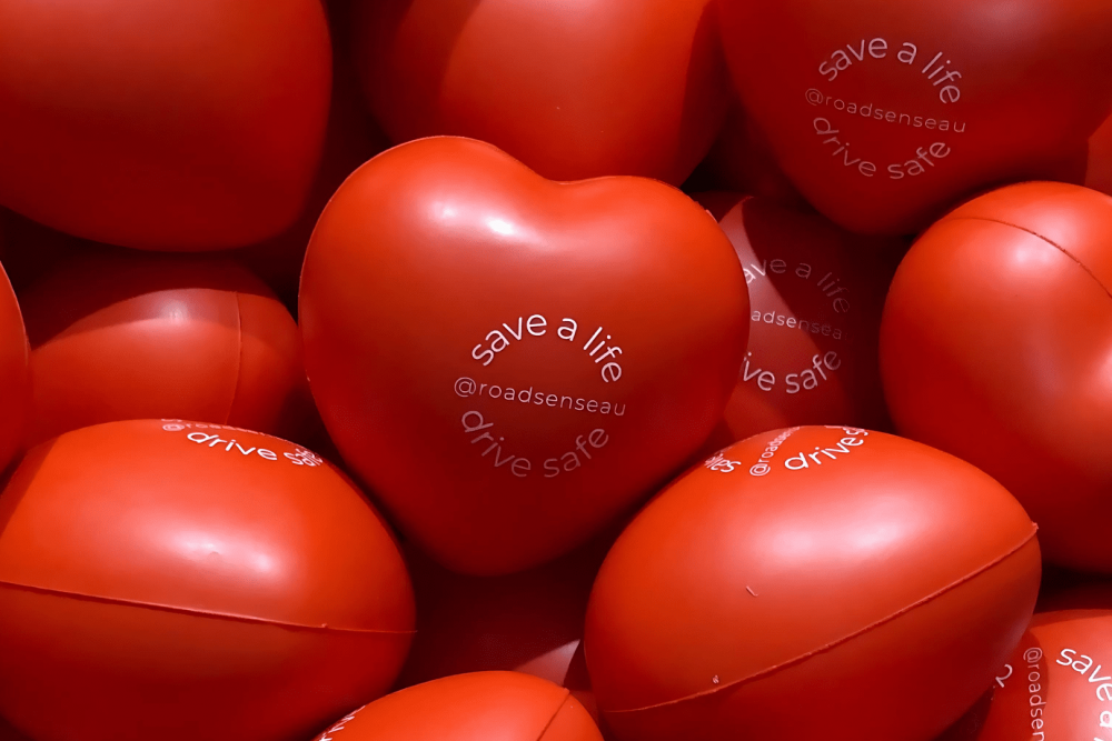 Red RSA Heart Red heart with text printed on it reading 'Save a life, drive safe'